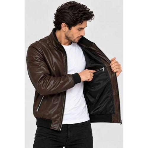 Erkek Suni Deri İçi Saten Astarlı Dik Yaka 3 Cepli Fermuarlı Regular Fit Mont Ceket - Kahverengi