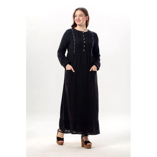 Uzun Kol Dora Yuvarlak Yaka Düğmeli Çift Cepli Yazlık Uzun Müslin Elbise Siyah Syh