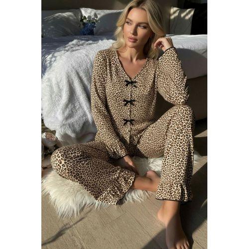 Kadın Leopar Desenli Fiyonk Detaylı Uzun Kollu Ev Giyim Pijama Takımı Premium Homewear