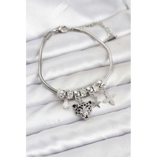 Pirinç Gümüş Renk Kaplan Model Charmlı Kadın Bileklik