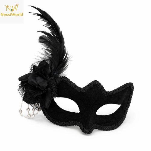 Beyaz İnci Detaylı Siyah Süet Venedik Kadın Maskesi Tüylü Güllü
