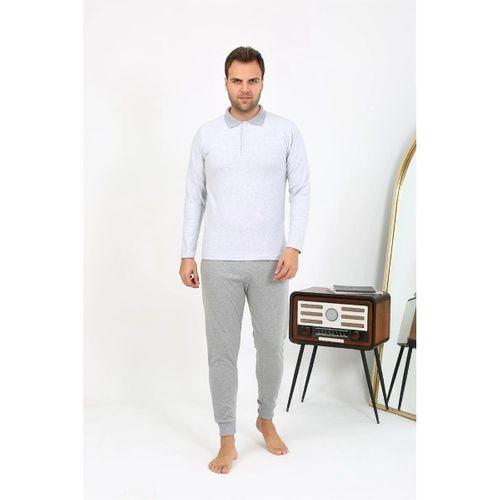 Erkek Polo Yaka Uzun Kol Penye Pijama Takımı Gri
