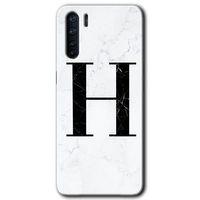Oppo A91 Kılıf Baskılı Kapak - Beyaz Mermer Desenli H Harfi + 5D Tam Kaplayan Cam