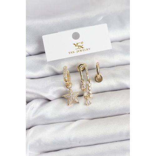 Pirinç Gold Renk Zirkon Taşlı Yıldız Vintage Model YSX Trio Küpe Seti