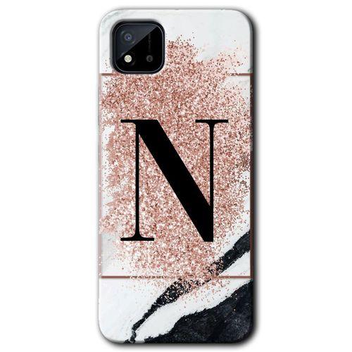 MRCİLETİSİM Realme C11 Kılıf Baskılı Kapak - Pembe Mermer Desenli N Harfi + 5D Tam Kaplayan Cam
