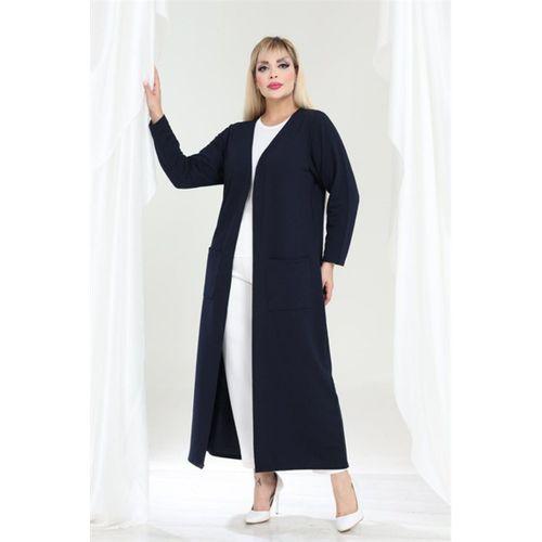 Melsay Butik Büyük Beden Lacivert Dokulu Örme Kumaş Uzun Kadın Hırka