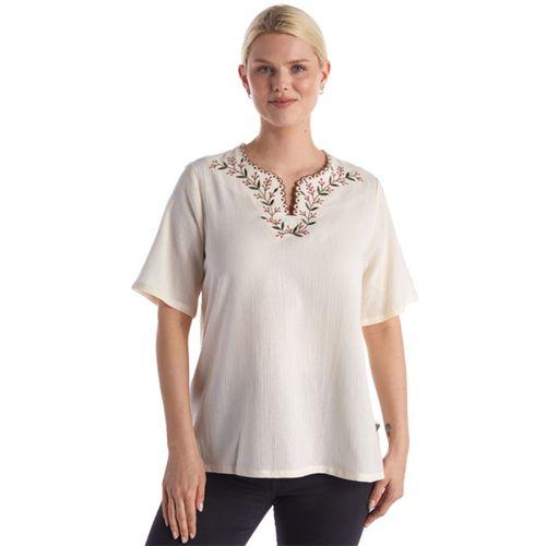 Şile Bezi Kısa Kol Krem Nakışlı V Yaka Yazlık Otantik Bluz