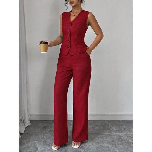 Kadın Askılı önden Düğmeli Bluz Ve Pantolon Keten Ikili Takım