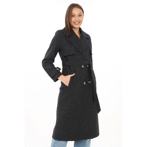 Premium Kaşe Kaban Uzun Boy, Balık Sırtı Yünlü Kaşmir Dokuma, Kruvaze Kuşaklı Astarlı - Siyah