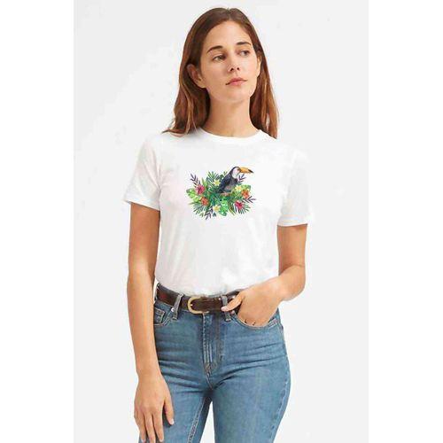 Sulu Boya American Papağanı Baskılı Beyaz Kadın Tshirt