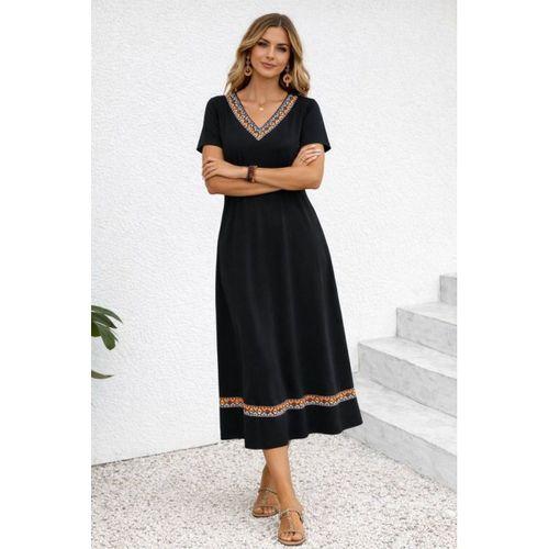 Kadın Kısa Kollu V Yakalı Etnik şerit Detaylı Uzun Viskon