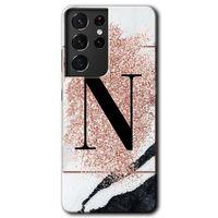 Galaxy S21 Ultra Kılıf HD Desen Baskılı Arka Kapak - Pembe Mermer Desenli N Harfi + Kırılmaz Cam