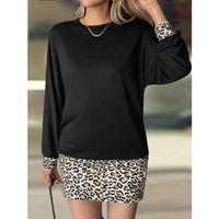 Kadın Uzun Kollu Bisiklet Yaka üst Viskon Iki Iplik Alt Leopar Desenli Mini Elbise