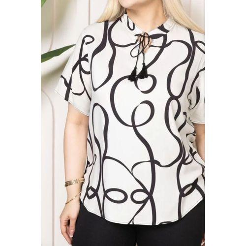 Desenli Püsküllü Viskon Bluz Bebe Yaka Kısa Kollu Big Size Rahat Kesim - Desenli