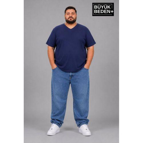 Süperlife Büyük Beden Erkek V Yaka Pamuklu Basic Tişört Lacivert 3XL-6XL SPR26BTS509