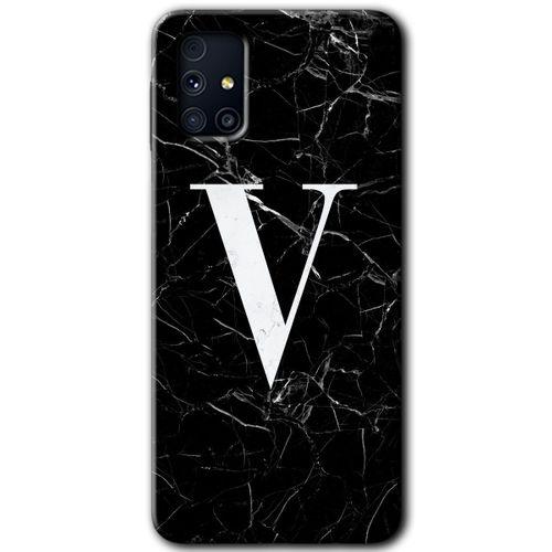 Samsung Galaxy M31s HD Baskılı Kılıf + 9D Tam Ekran Koruyucu - Siyah Mermer Desenli V Harfi