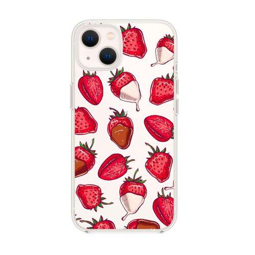 iPhone 13 Çikolatalı Çilekler Desenli Premium Silikonlu Şeffaf Telefon Kılıfı