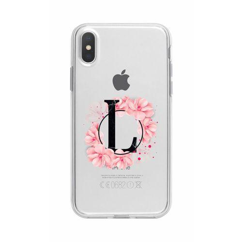 iPhone X Pembe Çiçek Desen L Harfli Şeffaf Kılıf