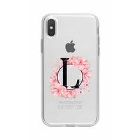 iPhone X Pembe Çiçek Desen L Harfli Şeffaf Kılıf