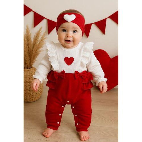 Kalp Desenli Fırfır Detaylı % 100 Pamuk Kız Bebek Tulumu