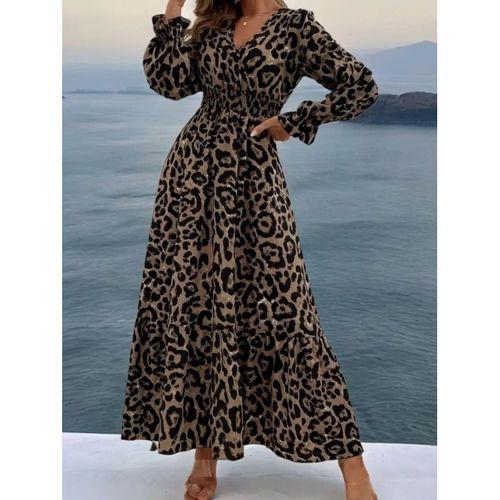 Kadın Uzun Kollu Kruvaze Yaka Leopar Desenli Uzun Süprem Elbise