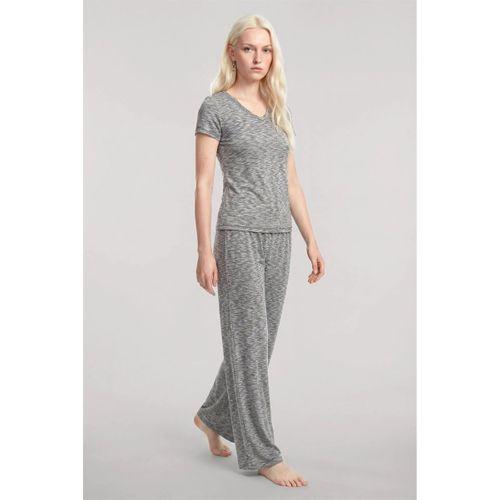 Kadın Gri V Yaka Yumuşak Dokulu Pijama Takımı Rahat Günlük Ev Giyim Seti