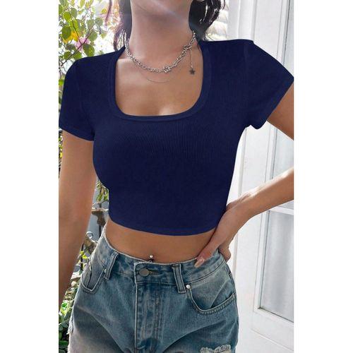 Kadın Lacivert Yarım Kol Düz Yaka Crop Top Bluz
