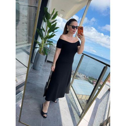 Kadın Madonna Yaka Midi Boy Modal Elbise