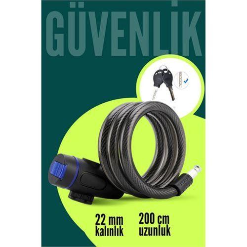 22mm Çelik Halatlı Bisiklet Kilidi - 200cm Anahtarlı Scoooter Motosiklet Kilidi