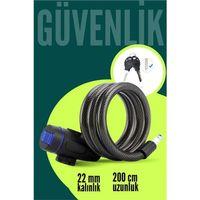 22mm Çelik Halatlı Bisiklet Kilidi - 200cm Anahtarlı Scoooter Motosiklet Kilidi