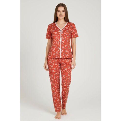 Kadın Turuncu Kalp Desenli Fiyonk Detaylı Kısa Kollu Uzun Pijama Takımı Premium Ev Giyim