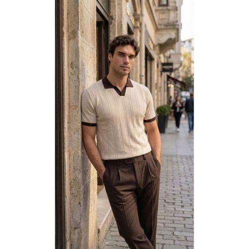 Erkek Örgü Desen Yakalı Kısa Kollu Triko Tişört - %100 Pamuk Akrilik