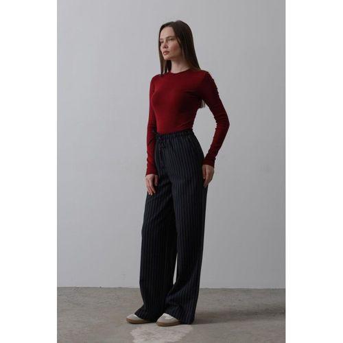 Beli Lastikli Bol Paça Pantolon - Lacivert-Beyaz