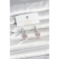 Pirinç Gümüş Pembe Renk Zirkon Taşlı Kalp Model Kadın Küpe