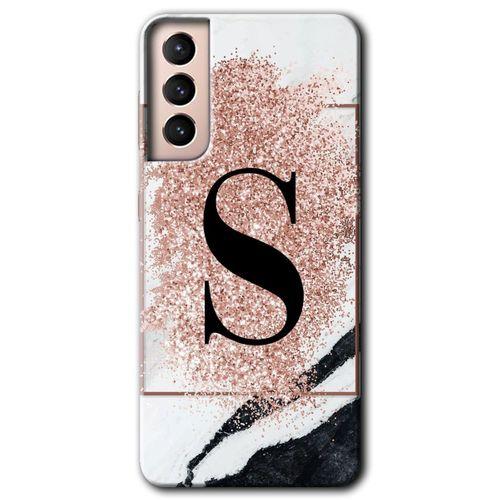 Samsung Galaxy S21 Kılıf HD Desen Baskılı Arka Kapak + Temperli Cam - Pembe Mermer Desenli S Harfi