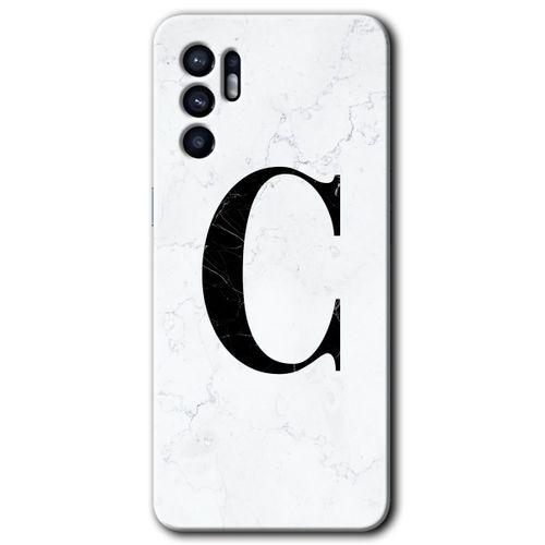 Oppo Reno 6 Kılıf HD Desen Baskılı Arka Kapak + Temperli Cam - Beyaz Mermer Desenli C Harfi