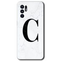 Oppo Reno 6 Kılıf HD Desen Baskılı Arka Kapak + Temperli Cam - Beyaz Mermer Desenli C Harfi