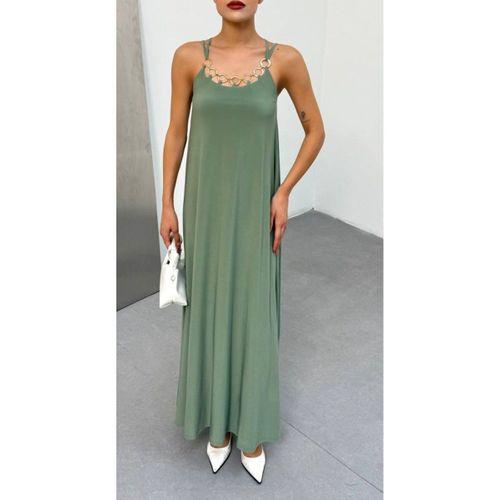 Kadın Omuz Askılı Kuş Gözü Zincir Detay Sandy Kumaş Maxi Boy Elbise