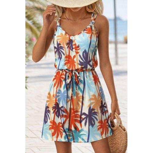 Kadını Askılı V Yakalı Duğme Detaylı Desenli Kısa Süprem Elbise