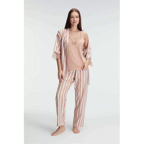 İp Askılı V Yaka Kadın Viskon Çizgili Desenli Yazlık Örme Pijama Sabahlık Takımı