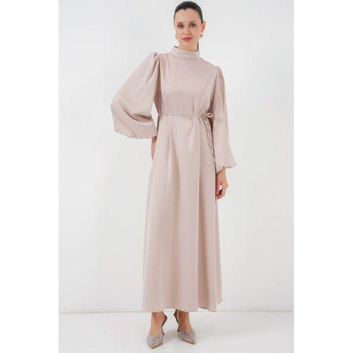 2510 Saten Tesettür Abiye Elbise - M. Krem