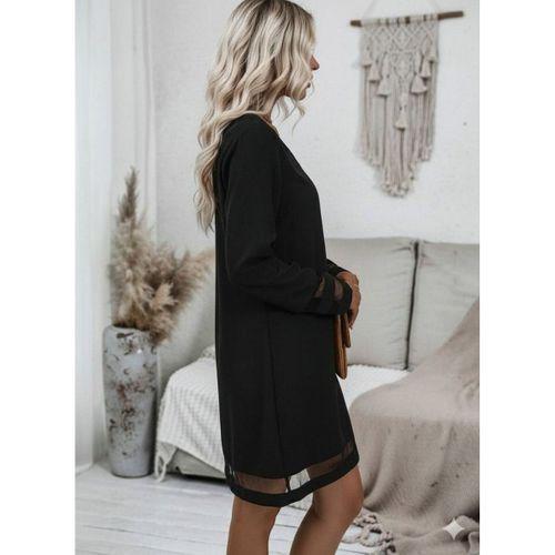 Kadın Uzun Kollu V Yakalı Tül şerit Detaylı Mini Krep Elbise