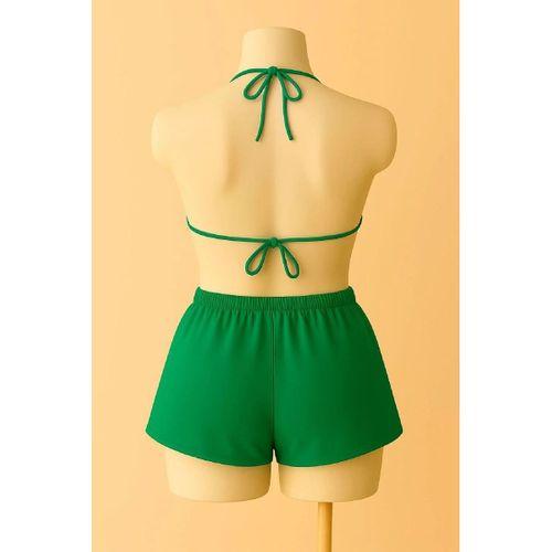Yeşil Şortlu Üçgen Bikini Takımı Bağlamalı Esnek Kumaş Rahat Kadın Mayo Seti