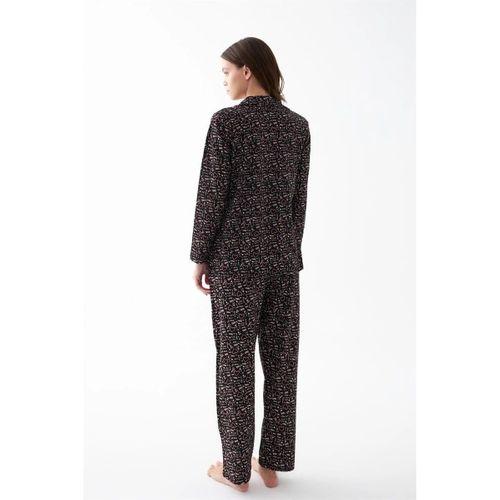 Kadın Siyah Düğmeli Kalp Desenli Pamuklu Pijama Takımı