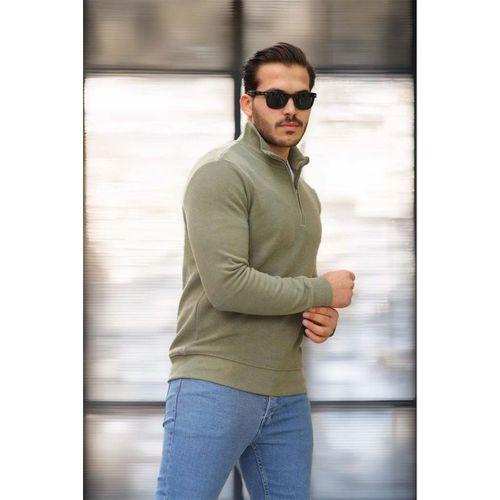 Selanik Örme Kumaş Yarım Fermuar Erkek Sweatshirt - Haki