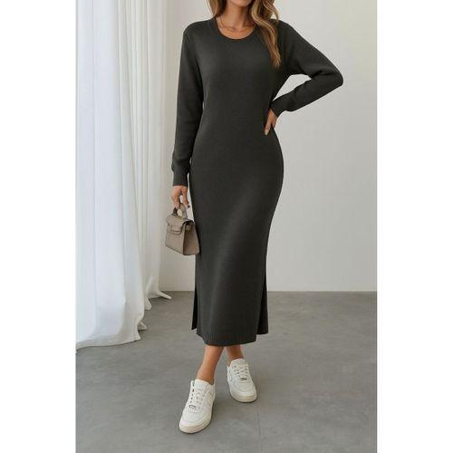 Kadın Uzun Kollu Bisiklet Yaka Yırtmaç Detay Triko Midi Boy Elbise