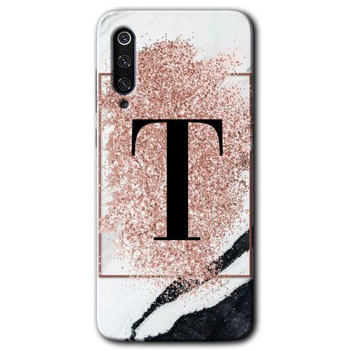 MRCİLETİSİM Xiaomi Mi 9 SE Kılıf HD Desen Baskılı Arka Kapak+Temperli Cam - Pembe Mermer Desenli T Harfi