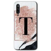 MRCİLETİSİM Xiaomi Mi 9 SE Kılıf HD Desen Baskılı Arka Kapak+Temperli Cam - Pembe Mermer Desenli T Harfi