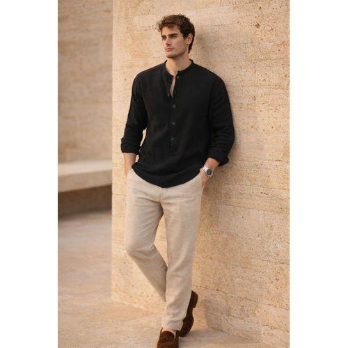 Hafif ve Nefes Alabilir Erkek Müslin Yarım Pat Hakim Yaka Oversize Gömlek - Siyah