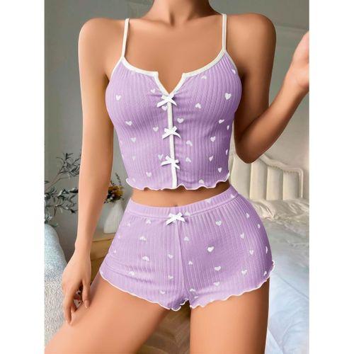 Lila Üstüne Beyaz Kalp Desenli Askılı Şortlu Pijama Takımı